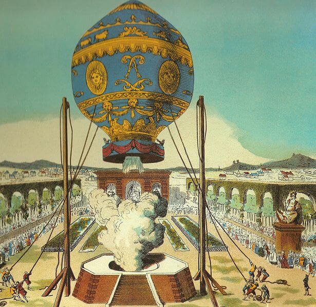 Malováné dobové zachycení horkovzdušného balónu bratrů Montgolfierových